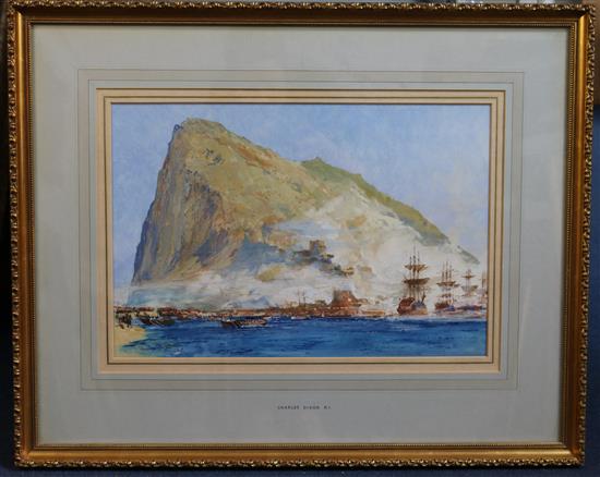 Charles Dixon (1872-1934) View of Gibraltar with English warship landing upon the beach 11 x 16.5in.